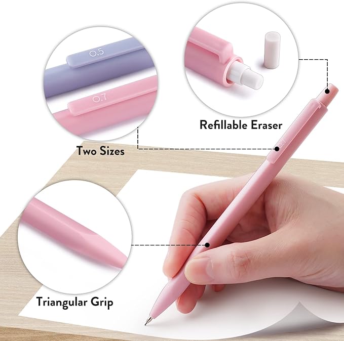 Four Candies Cute Mechanical Pencil Set, 6PCS Pastel Mechanical Pencils 0.5 & 0.7mm with 360PCS HB Leads, 3PCS Erasers and 9PCS Eraser Refills, Aesthetic School Supplies for Girls Writing
