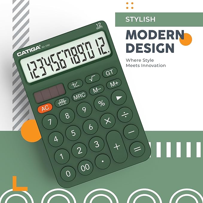 CATIGA 12 Digit Desktop Calculator Basic Desk Calculator with Large LCD Display, Big Buttons, 4 Function, Solar and Battery Dual Power, for Office, School, Home, SD-1292 Green
