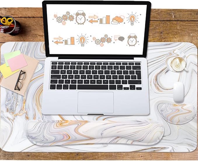 4-in-1 Large Gaming Mouse Pad, Keyboard Wrist Rest Pad & Wrist Support Mousepad Set, Extended Desk Pad Waterproof Desk Mat for Home Office Study Game - White Marble