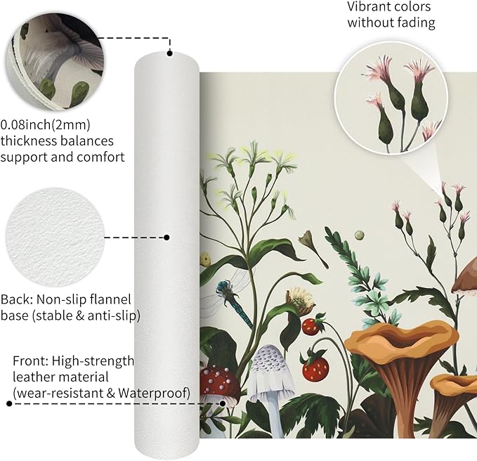 Bloss Plant Mushroom Desks Pad,Large Mouse Pad for Desktop, Leather Floral Desk Mat for Keyboard and Mouse,Waterproof Computer Laptop Desk Protector Mat for Office/Home/Women Gift,White 31.5" x 15.7"