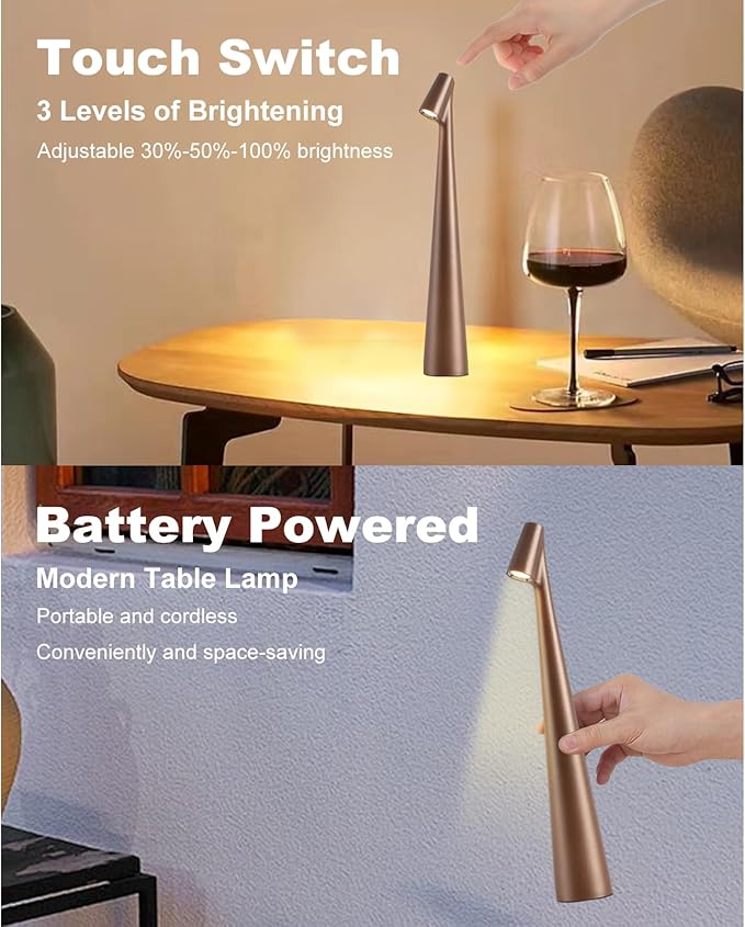 Cordless Small Table Lamps,3 Levels Brightness Portable Desk Lamp,Rechargeable Battery Lights for Outdoor, Restaurant, Bedside, Baby Night Light,Gifts(Brown)