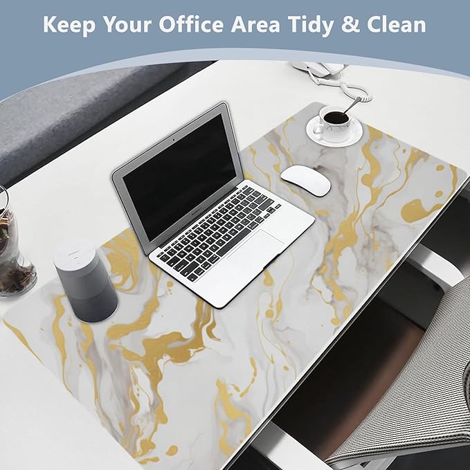 Mouse Pad Desk Mat Leather Desk Pad Large Gaming Desk Cover Protector Mat for Keyboard Computer Laptop Office Waterproof 47.2 x 23.6 Inch Marble White and Luxury Gold