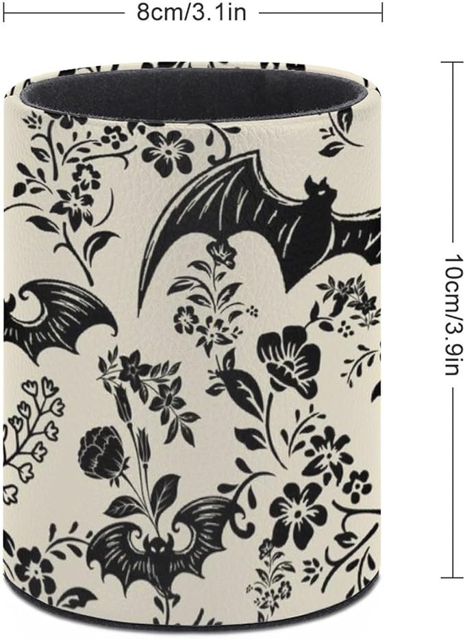 Gothic Bat Flowers Pen Holder Pencil Organizer Cute Pencil Cup Desk Decor Makeup Brush Holder PU Multifunctional Office Suppliesfor Home Classroom School