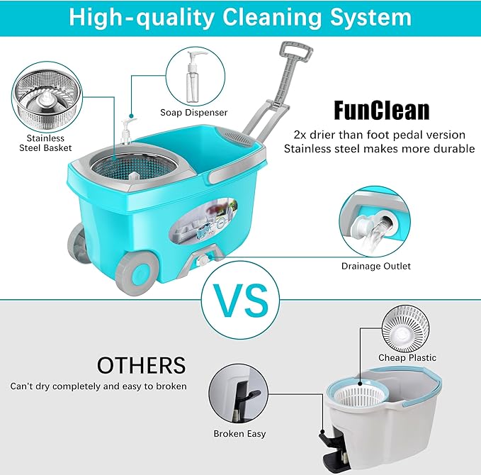 FunClean Spin Mop and Bucket,Mop and Bucket with Wringer Set for Home,360 Spinning Mopping Floor Cleaning Tool with 4 Microfiber Replacement Head Refills,61" Extended Handle, 2X Wheel - Blue