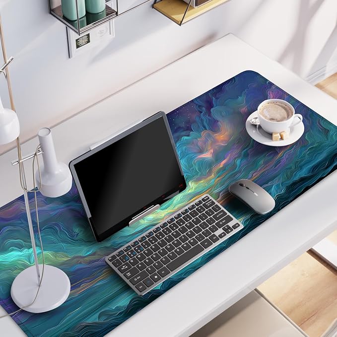 Starry Night Ocean Waves Mouse Pad – Large 31.5" x 11.8" Abstract Seascape Desk Mat with Vibrant Blue, Green & Purple Waves and Starry Sky, Non-Slip Rubber Base, Smooth Surface for Gaming & Office