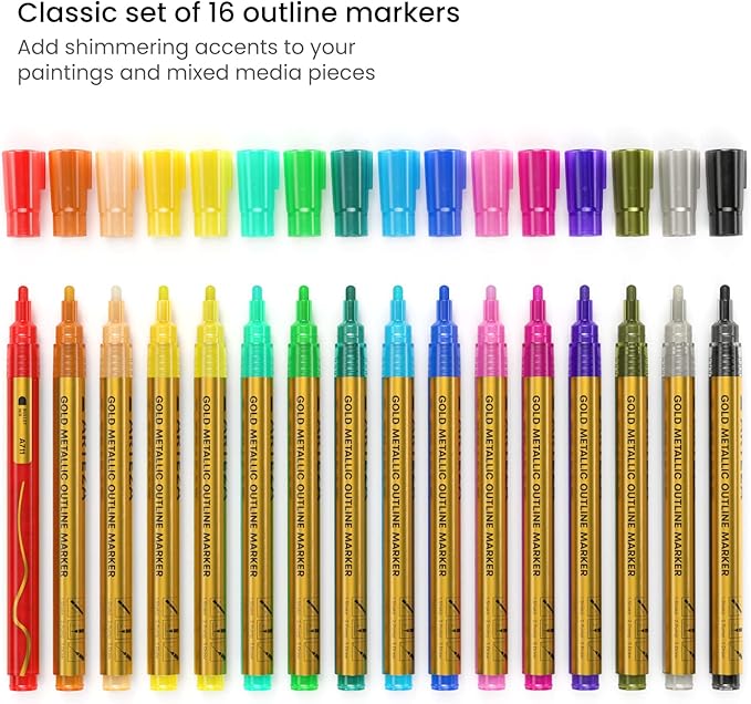 Arteza Double Outline Markers, 16 Colours, Gold Marker Pens, Create Metallic Lines with Vivid Colour Outlines, Work on Cards, Paper, and Canvas