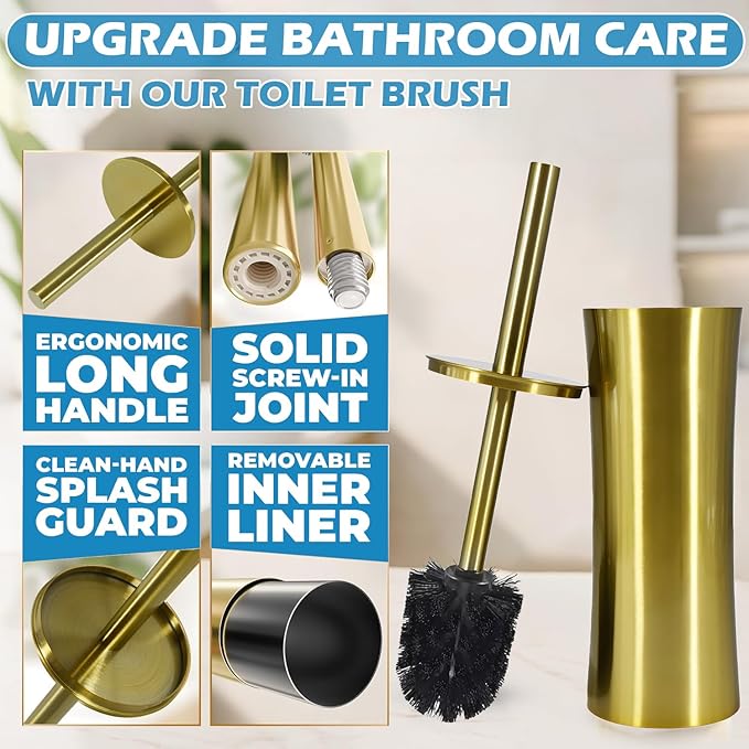 Chemlliy Stainless Steel Toilet Brush and Holder, Golden Toilet Cleaner Brush, Toilet Bowl Brush and Holder for Bathroom Storage Organization