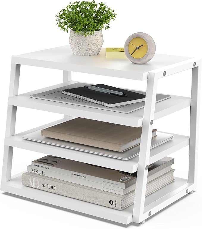 Fenge Desk Shelf Organizer, 4 Tier Desktop Shelf, Wood and Metal Office Shelves, Corner File Organizer for Office Supplies, Top of Desk Organizers and Accessories