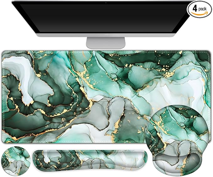 Gaming Mouse Pad, Large Desk Mat, Cute Desk Pad Protector, 4in1 XXL Mousepad + Keyboard Wrist Rest+Mouse Wrist Rest+Coaster Set with Ergonomic Desk Pad for Home Office PC Computer, Green Marble