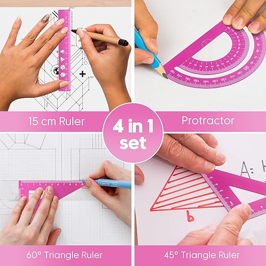 MSDADA Triangle Ruler, Protractor, Square and Ruler Set, 4 Pieces Aluminum Alloy Ruler, Metal Drafting Ruler Kit, Geometric Protractor for Student, School, Home, Office (Pink, 15cm/5.9inch)