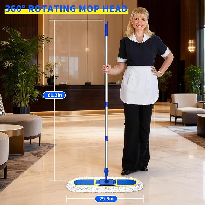 29.5" Commercial Dust Mop for Floor Cleaning,Heavy Duty Floor Duster with 2 Cotton Reusable Mop Pads,61” Long Handle Wet Dry Flat Mops for Hardwood Floors,Marble, Laminate,Tile,Concrete,Garage (Blue)