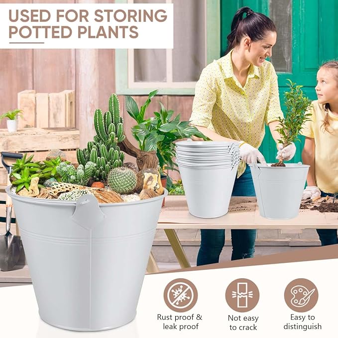 OBTANIM 7 Pack White Metal Buckets with Handle Galvanized Ice Pails for Plants, Succulents, Party Favors Organizing, Rustic Home Decor or Classrooms Pencil Storage (9.1 x 6.7 inch)