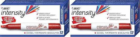 BIC Intensity Low Odor Dry Erase Marker, Tank Style, XL Bullet Tip, Red, Bold And Vivid Color, 12-Count (Pack of 2)