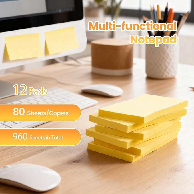 960 Sheets 3 in x 5 in Large Sticky Notes, 76 x 127 mm 6 Pads Assorted Self-Stick Pads for Notebook,Office,School and Home,80 Sheets/Pad (12 Pads Yellow)