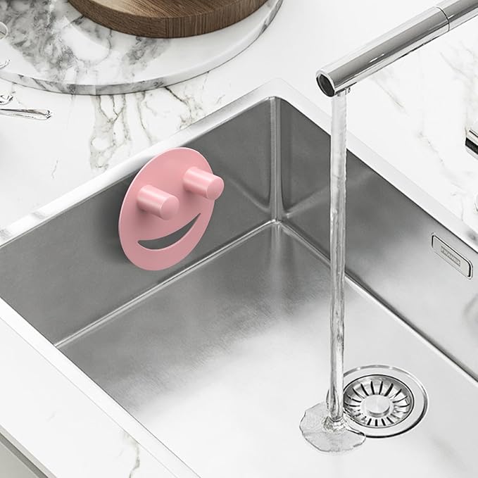 Yoshiky Stainless Steel Smiley Face Sponge Holder, Silver Sink Caddy Organizer Storage with Suction Cup for Kitchen, Kitchen Accessories Decor Scrubber-Pink