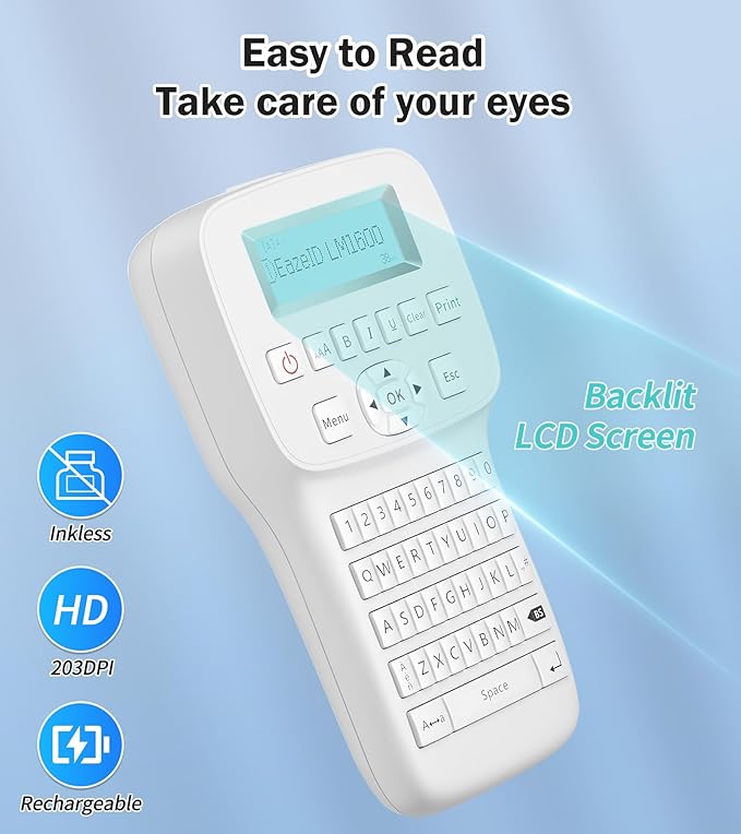 Handheld Label Maker Machine with-Tape Waterproof, Rechargeable Bluetooth Labeler with QWERTY Keyboard, Wire Cable Label Maker with Backlit LCD Screen, Ideal for Home Office School Organization
