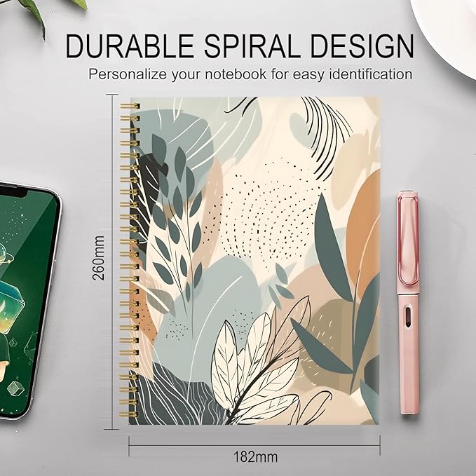 Spiral Journal Notebook for Women,A5 College Ruled Notebooks 6"x 8.4", 120 Pages Lined Journal with Premium Thick Paper,Perfect for School Office Home Gifts(Desert Leaf)