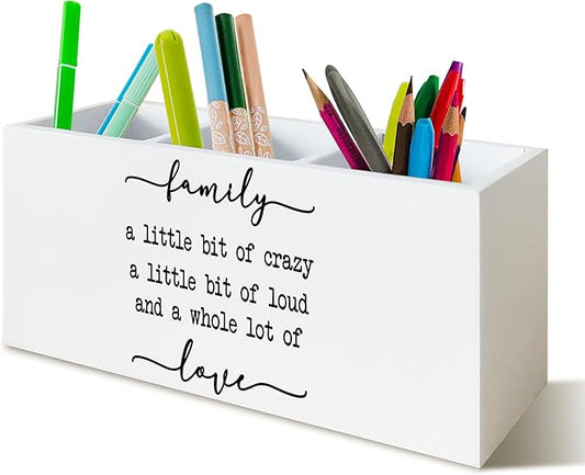 Family Signs Wooden Pen Holder for Home Decor Farmhouse Desk Shelf Decorations for Shelf Decorations, Family a Little Bit of Crazy Rustic Desk Decor for Home Office Table Pencil Holder