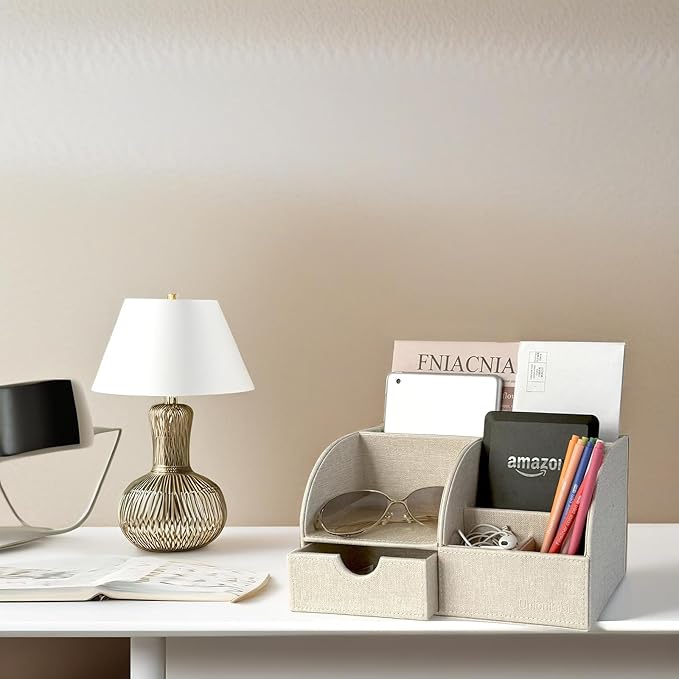 UnionBasic Desk Organizer - Multifunctional Leather Desktop Pen Holder Storage Box - Business Card/Pen/Pencil/Mobile Phone/Stationery Holder, Beige Linen Texture Revised