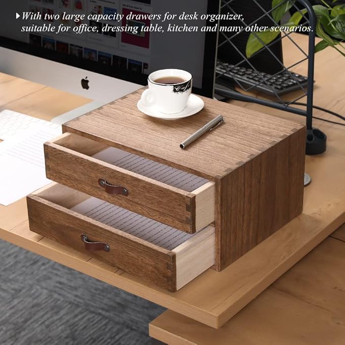 Wood 2 Drawer Desktop Organizer Cabinet - Desk Storage Box for Kitchen Counter,Dresser Tabletop -Wooden File Organizer Printer Machine Stand for Office Accessories Chest Dark (FAX2C-DK）