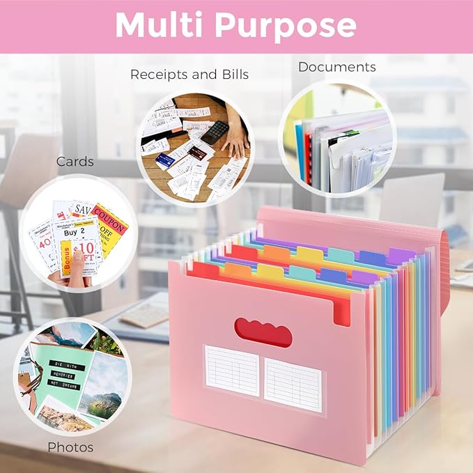 SKYDUE Pink Accordion File Organizer, 13 Pocket File Folder Organizer with Monthly Labels, Expanding Document Organizer for Letter A4 Size, Cute Filing Folder for School Office Home