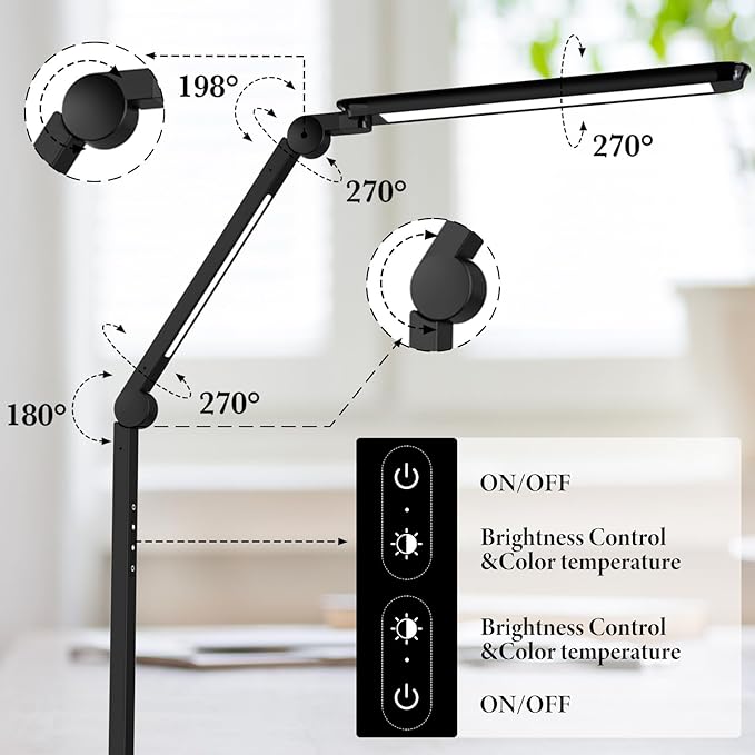 LED Desk Lamp for Home Office,Creative Touch Reading Light, with Memory Dual Light and Adjustable Swing Arm,15W 4 CCT Eye-Care Modes & 4 Brightness Levels Table Lamp with USB Charging Ports-Black