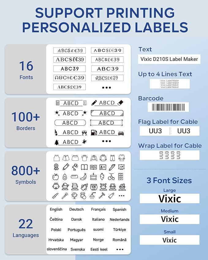 Vixic Label Maker Machine with-Tape, D210S Label Maker with Keyboard, Labeler Includes USB-C Cable Stay Powered, Portable Label Machine Waterproof-Labels Different Fonts for Home Office Organization