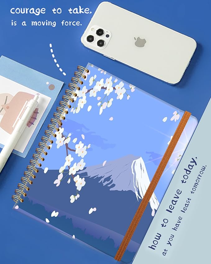 Ruled Spiral Writing Notebook,A5 Hardcover Lined College Journal for Women,Strong Twin-Wire Binding with Premium Paper,8.4" X 6",Perfect for School,Office,Home(Cherry Tree Mountain)