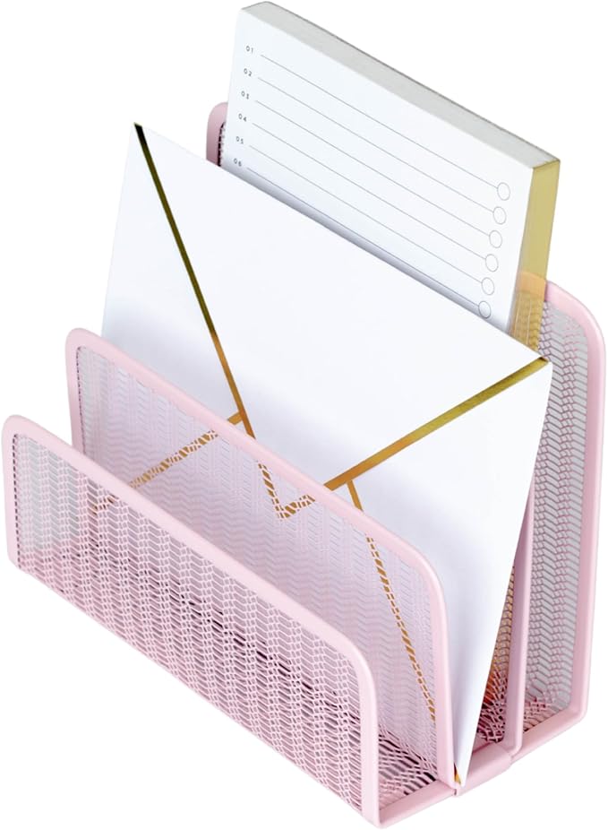 BLU MONACO Pink Metal Mesh Letter Sorter – 3-Slot Mail Organizer for Desk, Office & Home – Space-Saving Vertical Mail Holder for Envelopes, Documents & Files – Stylish Desk Organizer