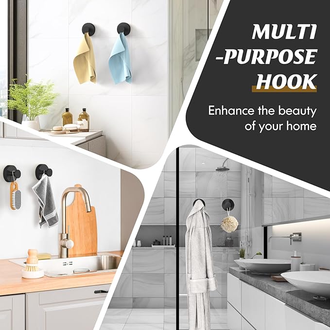MOTAIPEAK Suction Cup Hooks for Shower,Removable Shower Towel Suction Hooks for Bathroom Wall,Kitchen,Glass,Mirror,Tile to Hang Robes,Loofah-Black(4-Pack)