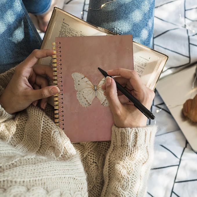 Wheatwin Butterfly Pink Notebook Journal, Vintage Pink Cute Butterfly Journal for Women, Preppy Gifts for Teen Girls, 5.5x8.3 Inch