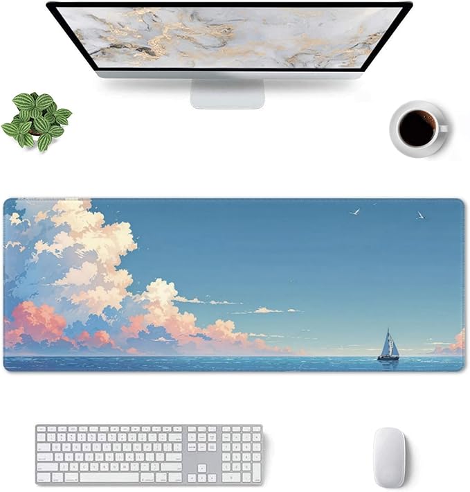 Blue Sky Ocean Large Mouse Pad, Anime Style Gaming Desk Mat, XL Keyboard Desk Pad Mat for Desktop, 31.5"x11.8" Non-Slip Base Big Mousepad with Stitched Edges