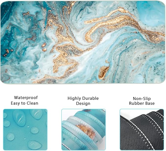 Keyboard Mouse Pad Set, Extended Mouse Pad+Keyboard Wrist Rest Support, Memory Foam Ergonomic Easy Typing, 3Pcs (35.4×15.7 in) Desk Pad Set for Home Office Study Game-Green Marble