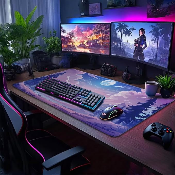 Mountain Moonlight Large Gaming Mouse Pad 31.5"x15.7"｜XXL Desk Mat, Non-Slip Rubber Base & Stitched Edges - Extended Waterproof Mousepad for PC/Laptop/Office/Home Decor
