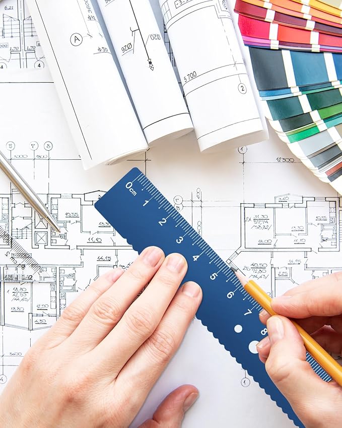 Honagu Triangular Ruler Set, 4 Pieces Aluminum Alloy Ruler, Metal Drafting Ruler, Geometric Protractor for Students, Draftsmen, Engineers, School Office Supplies (Blue)