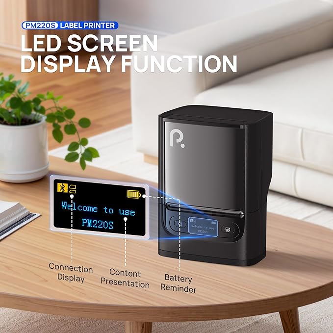 POLONO PM220S Label Maker Machine with Tape, Bluetooth Thermal Label Printer, Portable Sticker Printer,Chocolate Dark