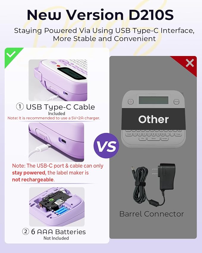Vixic Label Maker Machine with Tapes, D210S Portable Label Maker, Label Machine with USB-C to Stay Powered, Labeler Features Chain Print to Reduce Label Wastes for Home Kids Items Office Organization