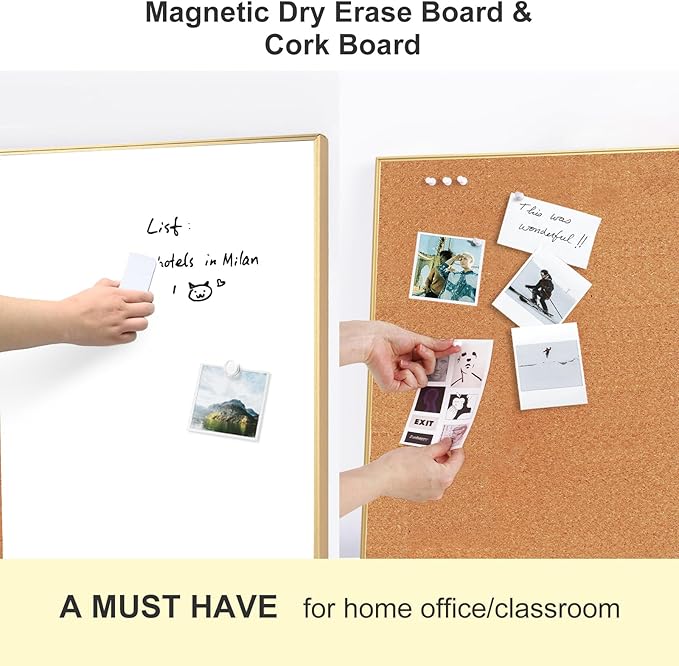 ARCOBIS Cork Board White Board Combo, Bulletin Board-Gold Frame, Magnetic Dry Erase Board & Corkboard for Wall, Vision Board for Home, Office, School (Gold, 48 x 30)