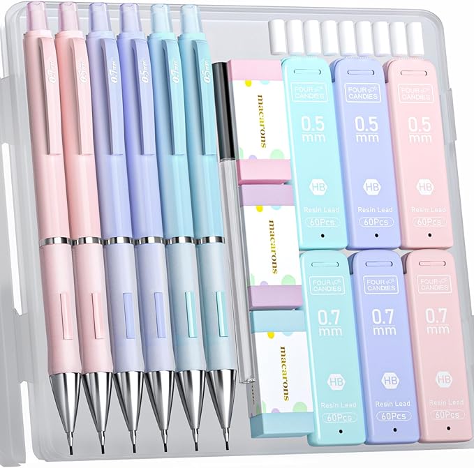 Four Candies Cute Mechanical Pencil Set, 6PCS Pencils 0.5 mm & 0.7mm with 360PCS Lead Refills, Pastel Erasers, Case for School Supplies