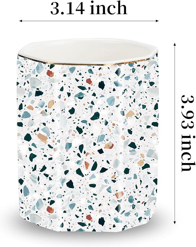 Pen Holder, Makeup Brush Holder Ceramic Shiny Gold Terrazzo Marble Stone Pattern Pencil Cup for Girls Kids Women Durable Stand Desk Organizer Storage Gift for Office, Classroom, Home Light Blue