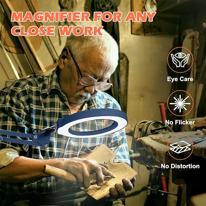 10X Magnifying Glass with Light and Stand, Real Glass Lens Desk Lamp, Lighted Magnifier with Light Stepless Dimming Hands Free for Craft, Reading, Painting, Sewing, Solder - Blue