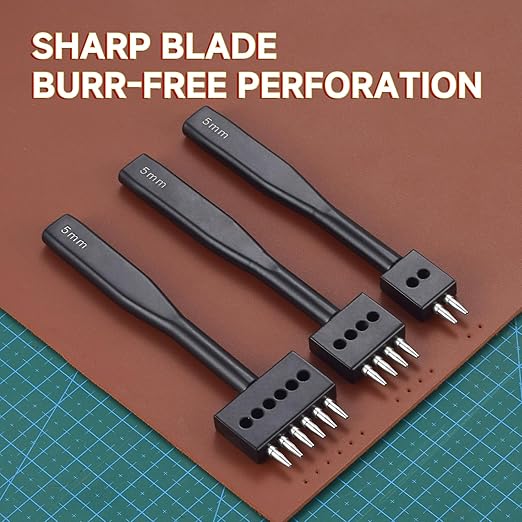 Leather Hole Punch Tool Set, 2/4/6 Prongs, Round Hole Chisel Kit, Professional Leathercraft Tools (5mm)