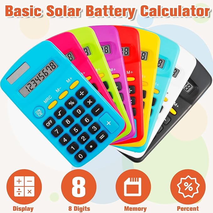 9 Pack Pocket Size Mini Calculator, Solar Battery Dual Power, 8 Digit Display Basic Calculator, Multicolor