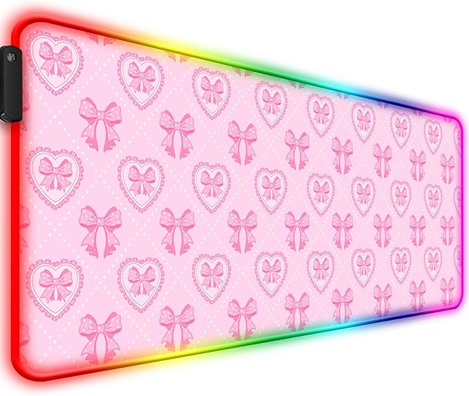 RGB Pretty Pink Love Bows Gaming Desk Mat, Computer Keyboard Large Extended Long Girly LED Mouse Pad for Office and Home, XL (W13)