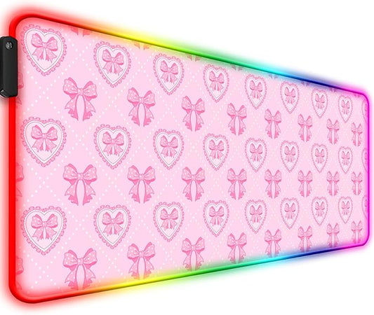 RGB Pretty Pink Love Bows Gaming Desk Mat, Computer Keyboard Large Extended Long Girly LED Mouse Pad for Office and Home, XL (W13)