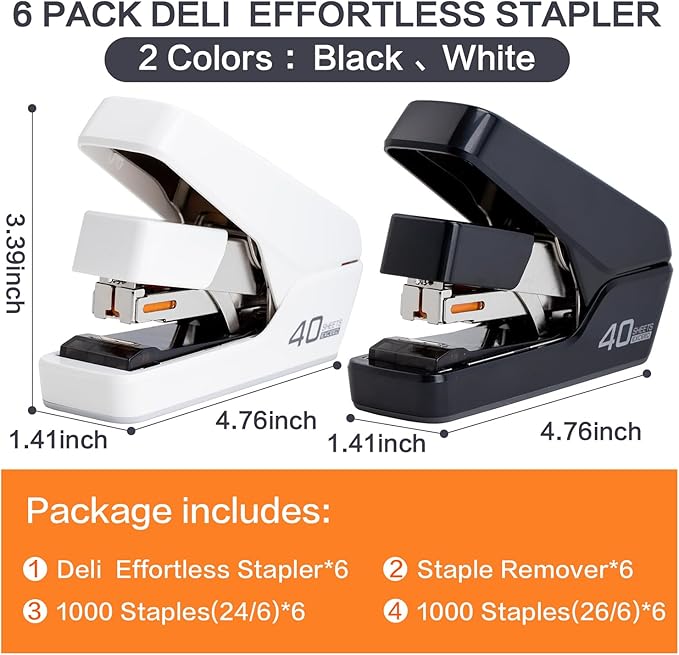 Deli Stapler, Effortless Staplers for Desk, 40 Sheet Capacity Heavy Duty, One Touch, No Effort, Easy to Load, with 2000 Staples & Staple Remover, 6 Pack, Black&White