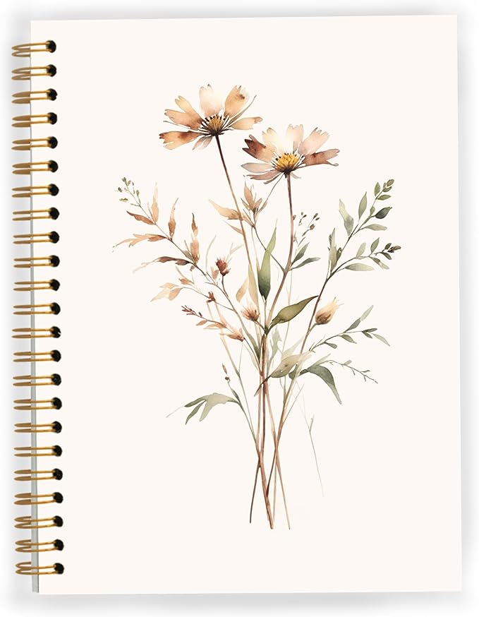 JWVK Retro Neutral Flower Spiral Notebook, Boho Floral Botanical Notebooks for Note Taking, Rustic Cottagecore Wildflower Journal for Women, Boho Office Supplies, 5.5x8.3 Inch