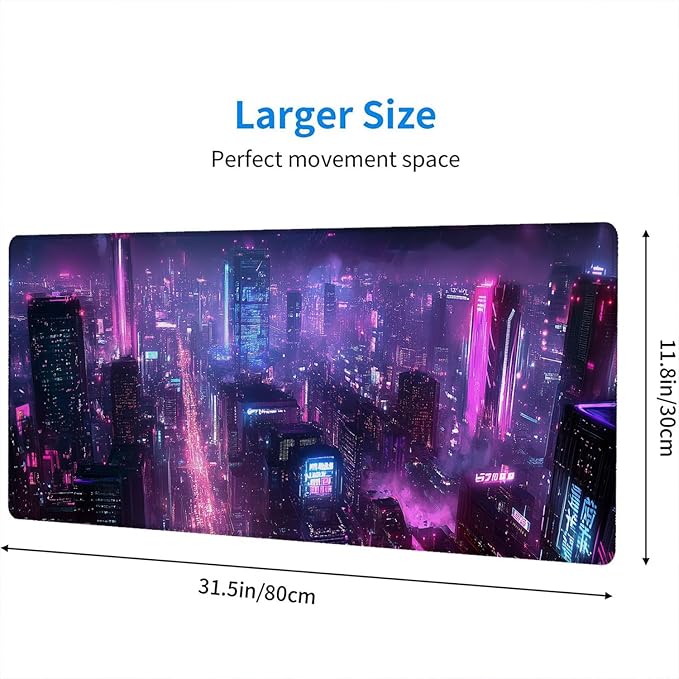 Neon City Gaming Mouse Pad Desk Pad Purple Cyberpunk Night Futuristic Mouse Pad Large Mousepad Extended Laptop Keyboard Mat Gaming Desk Pad Mouse Mat Office Computer Keyboard Laptop Home 31.5"x11.8"