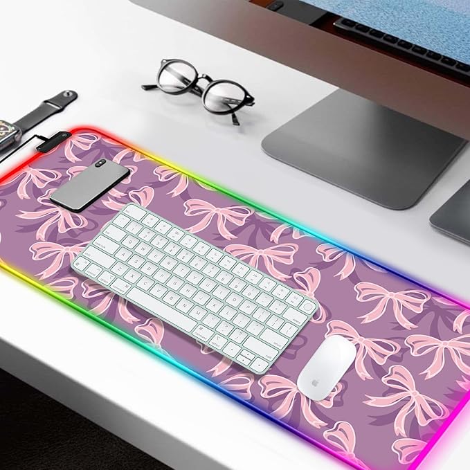 RGB Pretty Purple Bows Gaming Desk Mat, Computer Keyboard Large Extended Long Girly LED Mouse Pad for Office and Home, XL (W15)