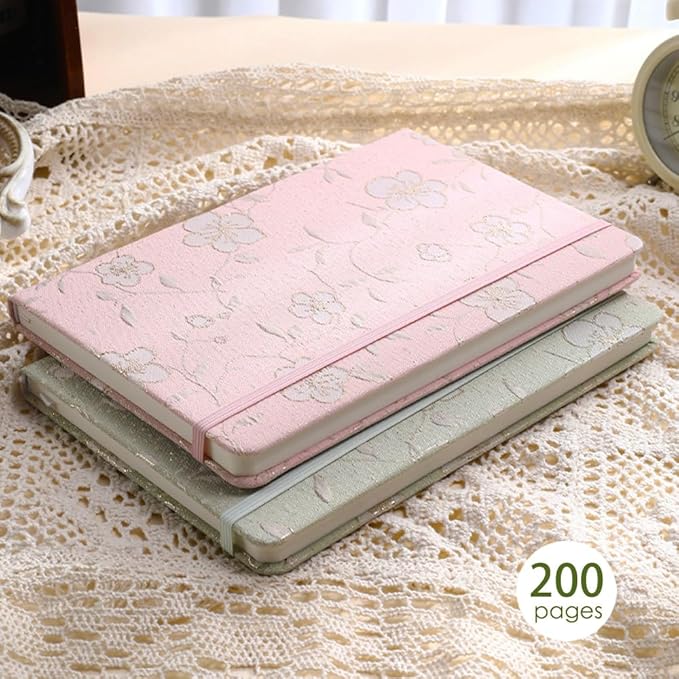 A5 Notebook, Ruled Paper, Lined Page, Hardcover, Layflat, Linen Cover, Flower Fabric, Journal for Women, Elastic Band Closure, Cute Notebooks for School, Office, Personal Writing, Pink